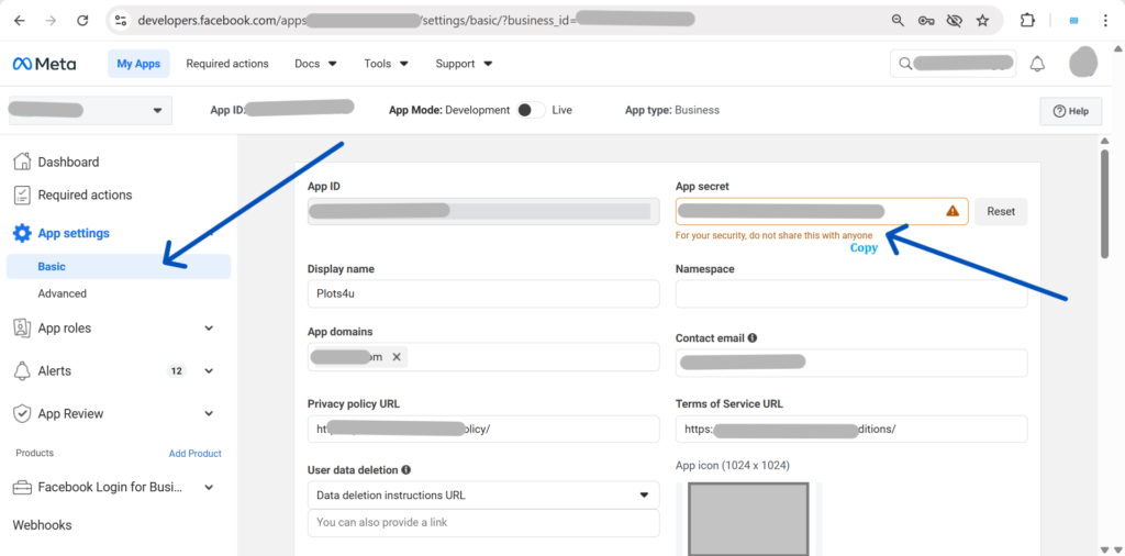 Meta App settings Basic page showing App secret