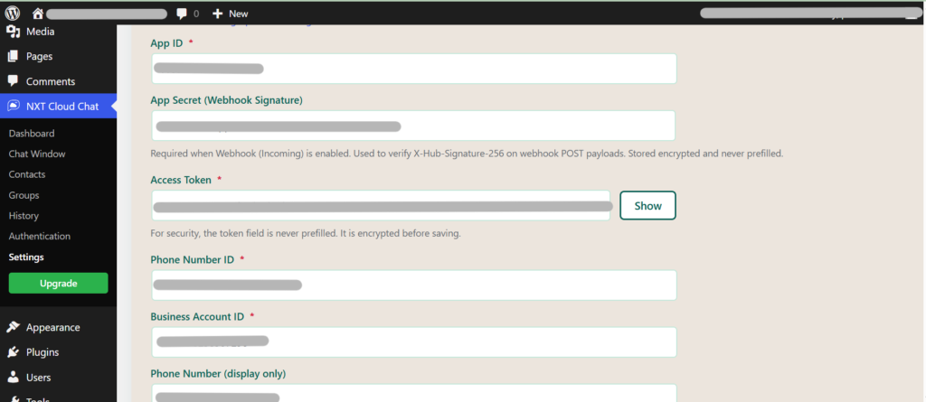 NXT Cloud Chat plugin settings page in WordPress admin