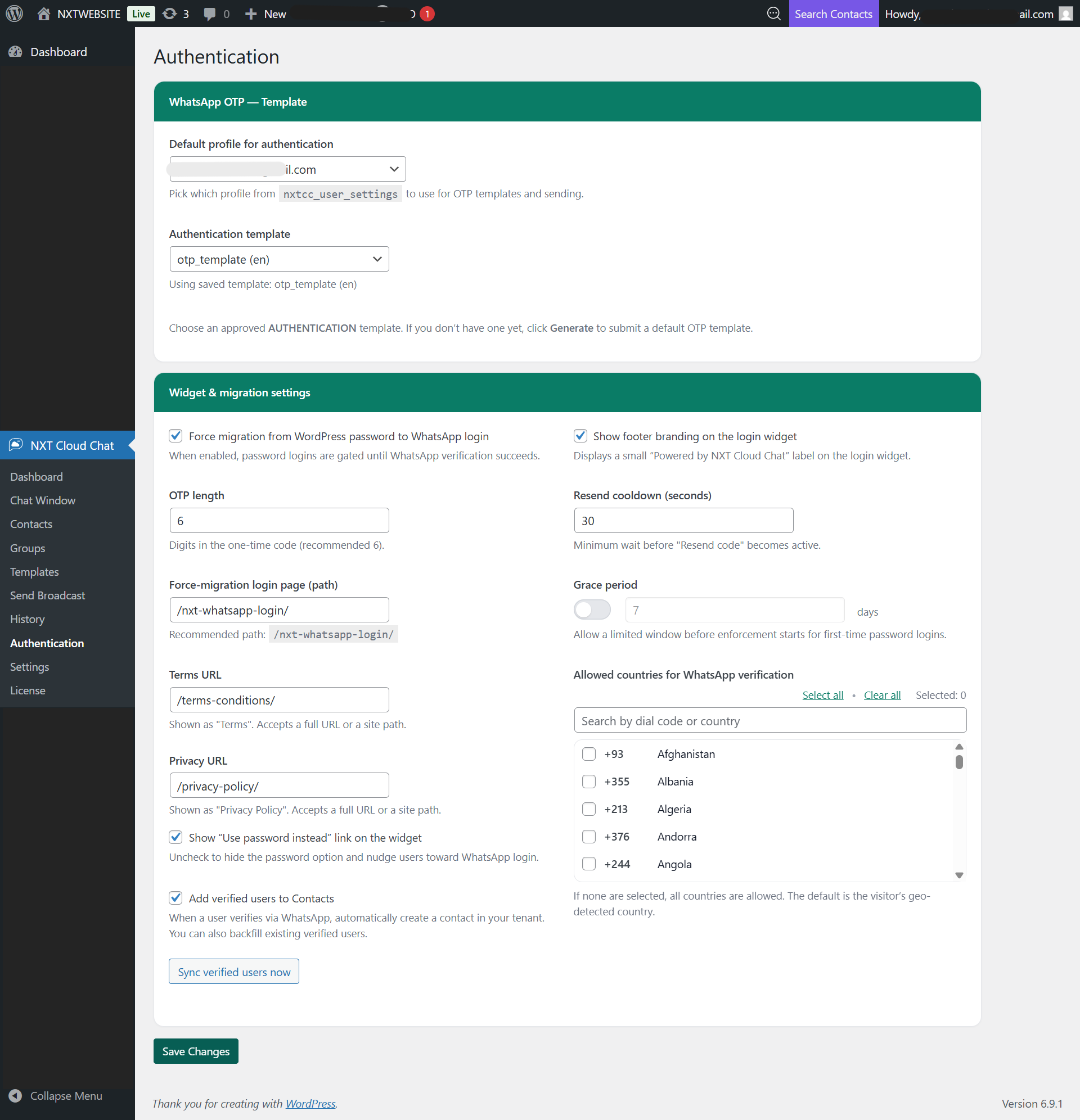 WhatsApp Authentication Settings in WordPress