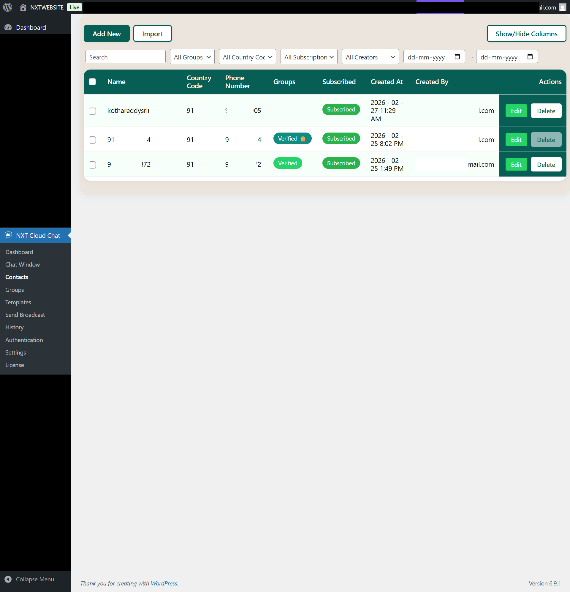 Contacts module showing contact list and filters