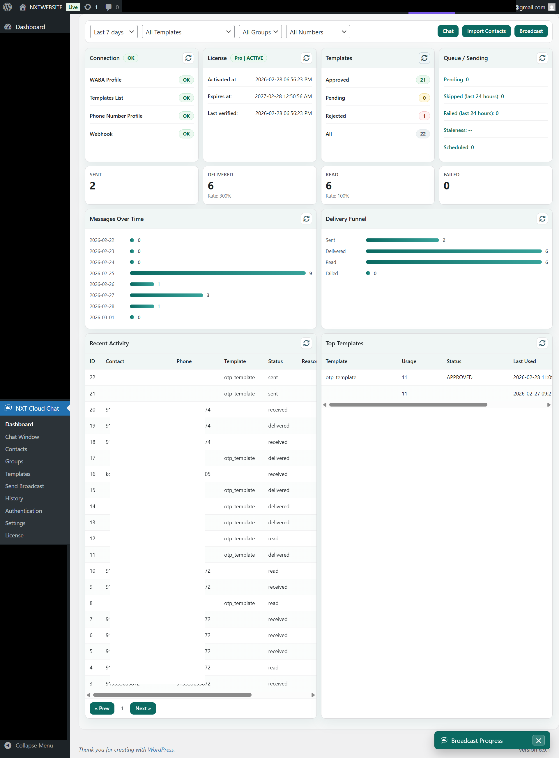 NXT Cloud Chat dashboard screen in WordPress admin