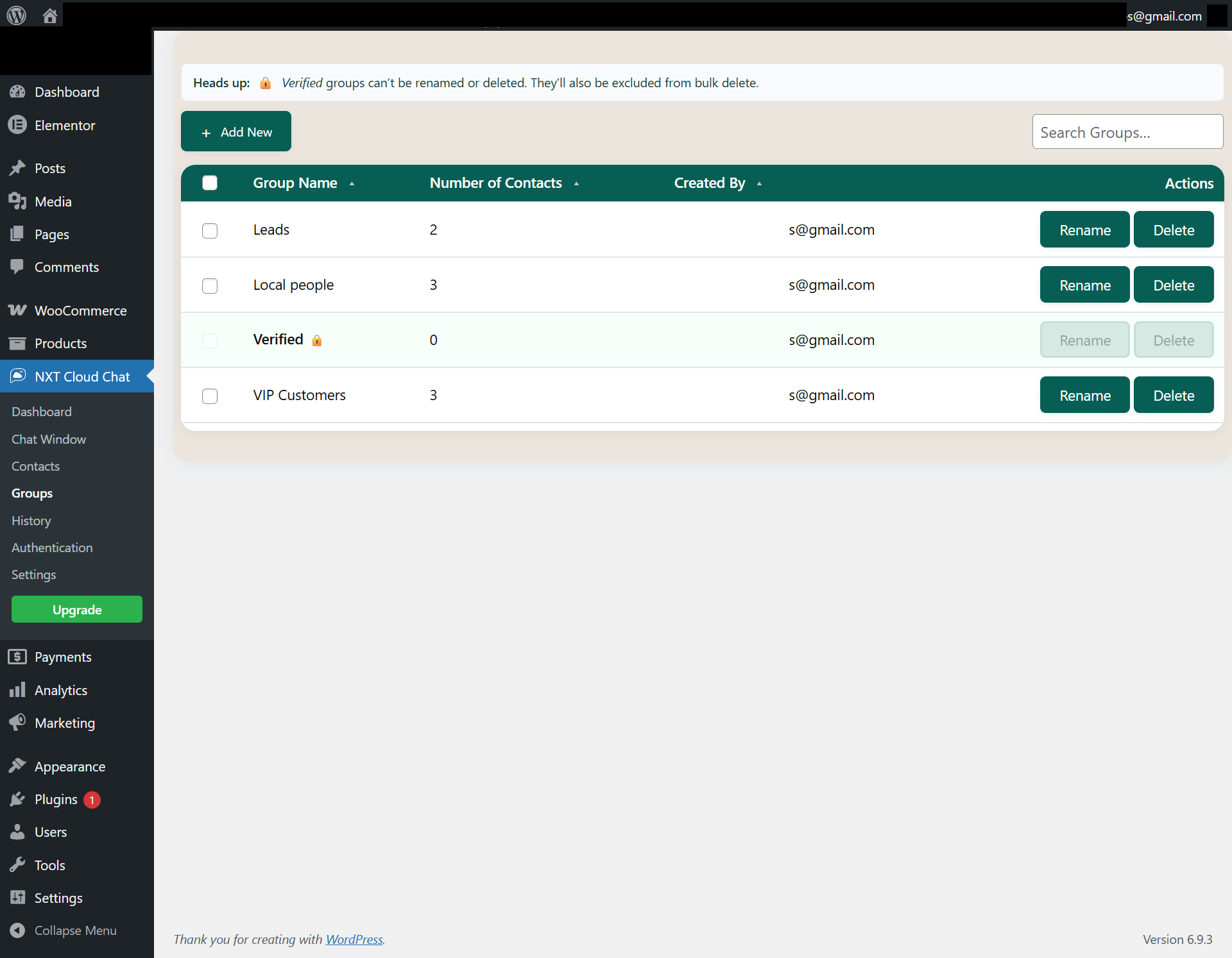 Groups module showing groups list