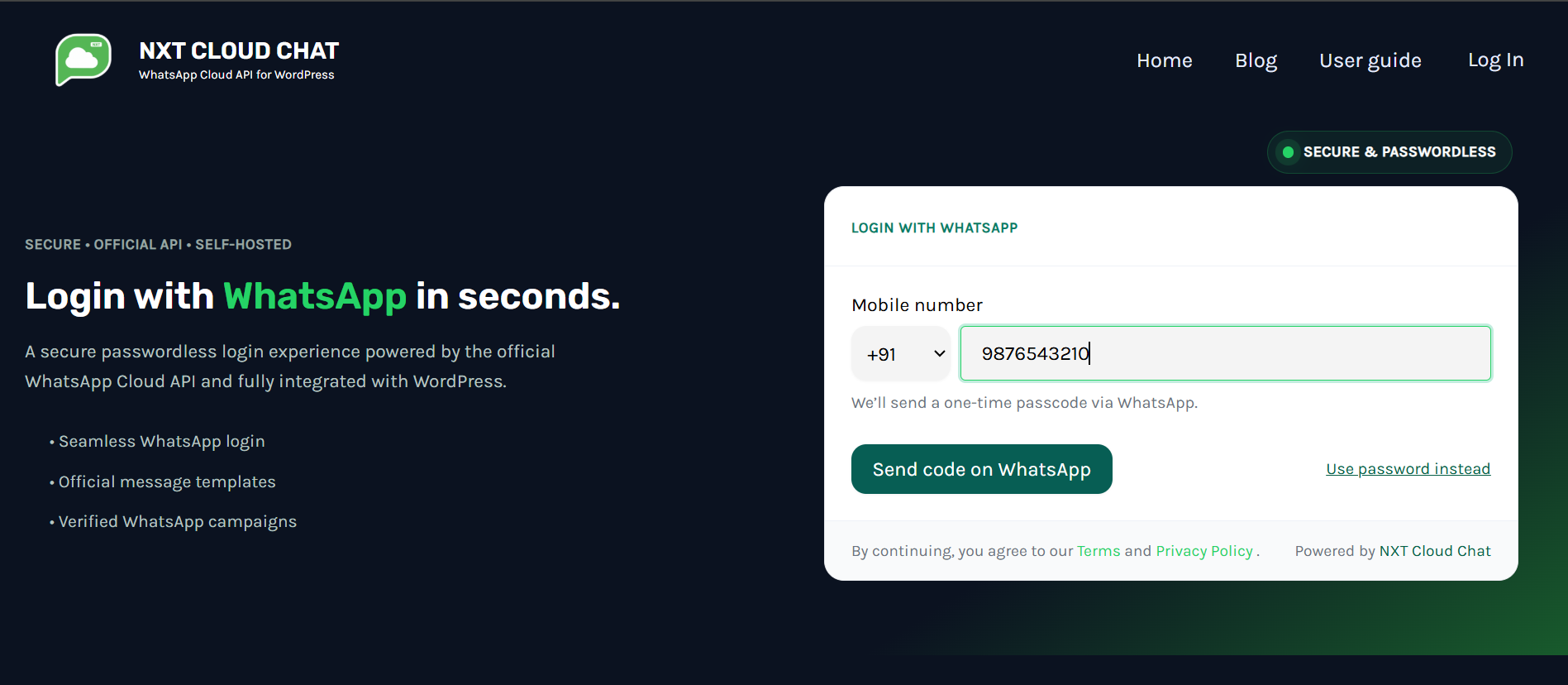 WhatsApp login widget on a WordPress page