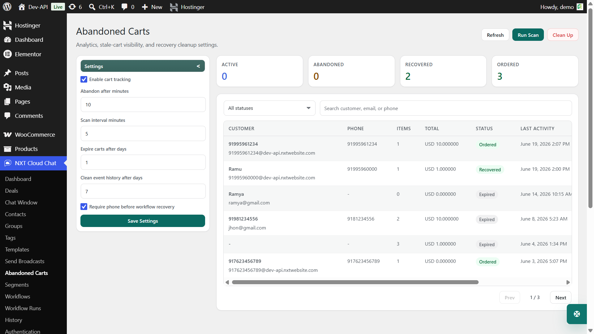 NXT Cloud Chat abandoned carts screen compared with WANotifier ecommerce automation