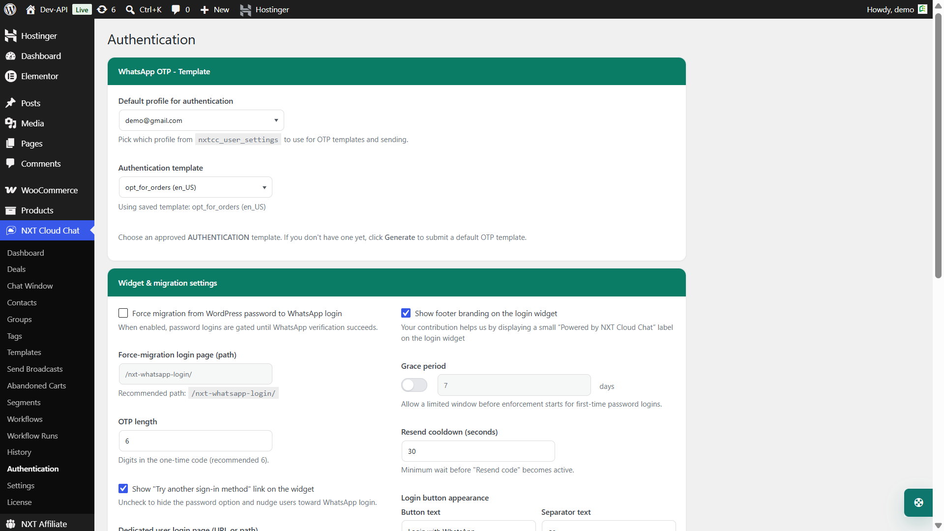 NXT Cloud Chat authentication settings for WhatsApp OTP login in WordPress