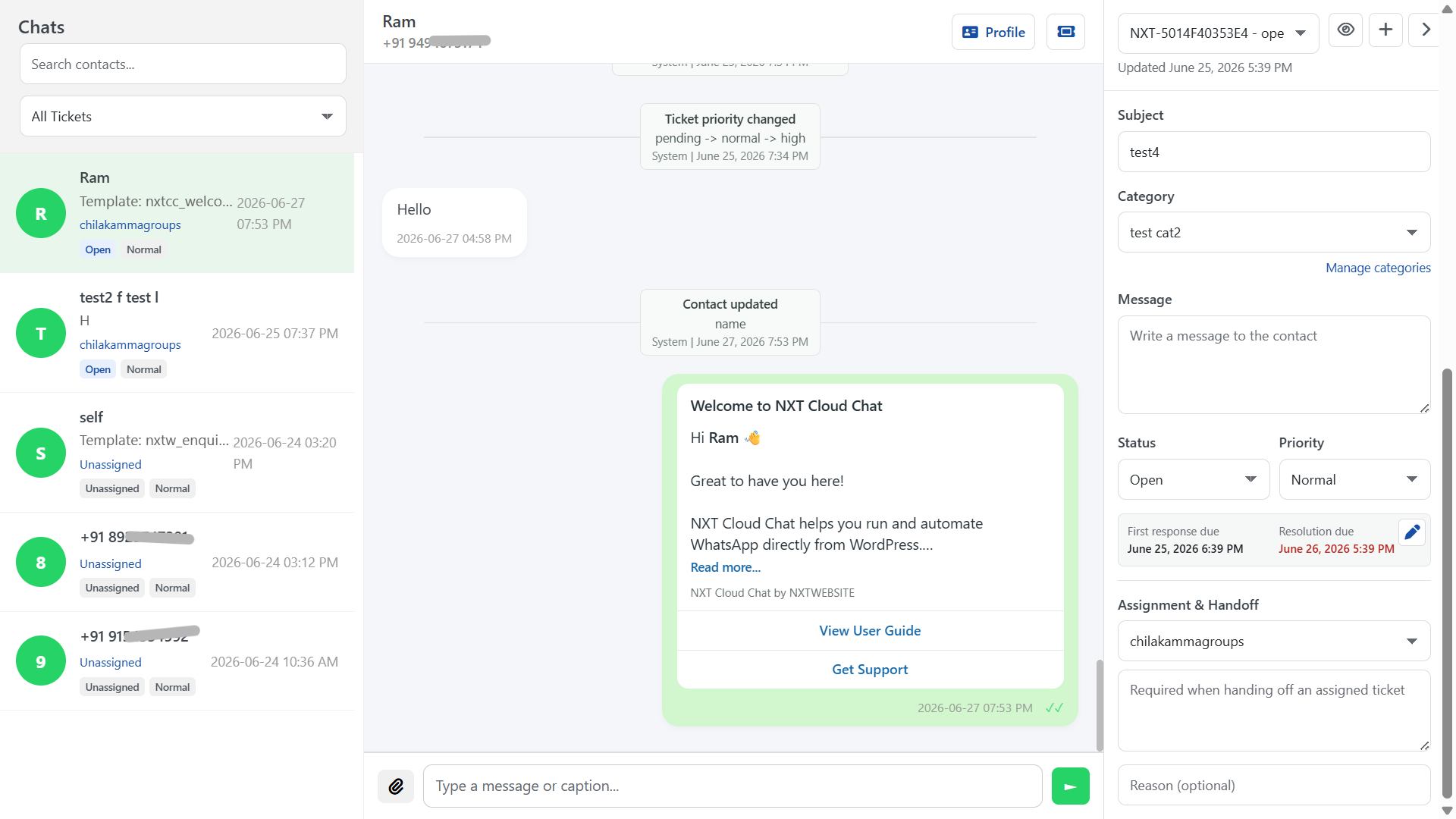 NXT Cloud Chat chat window compared with WANotifier team inbox