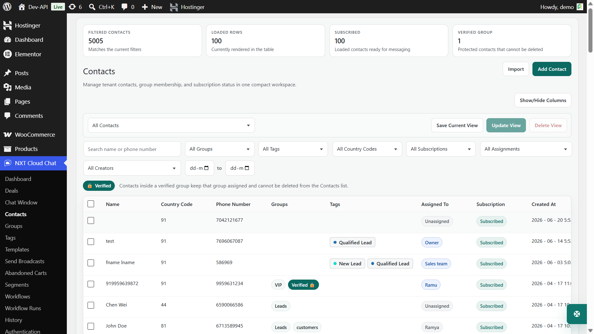 NXT Cloud Chat contacts screen compared with Interakt for WordPress WhatsApp CRM