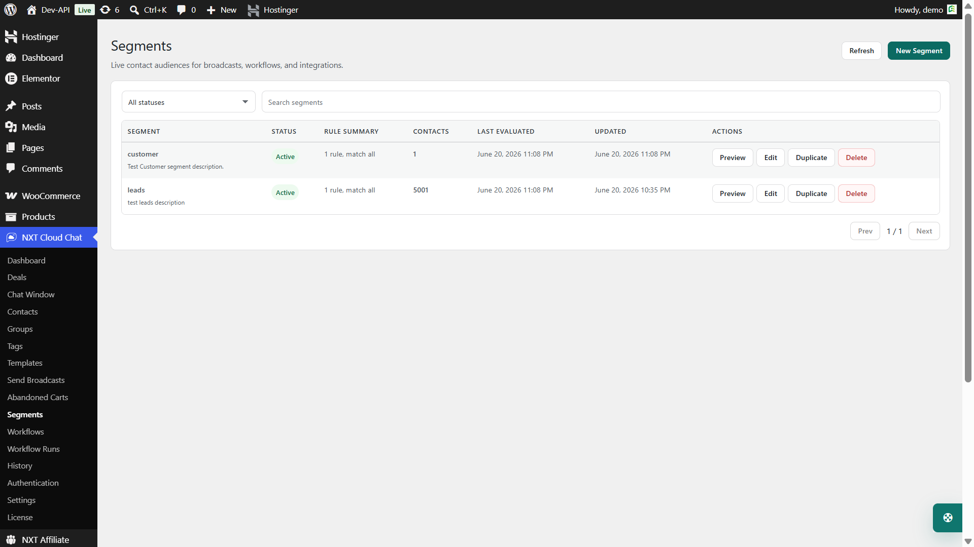 NXT Cloud Chat segments screen for WooCommerce WhatsApp CRM targeting