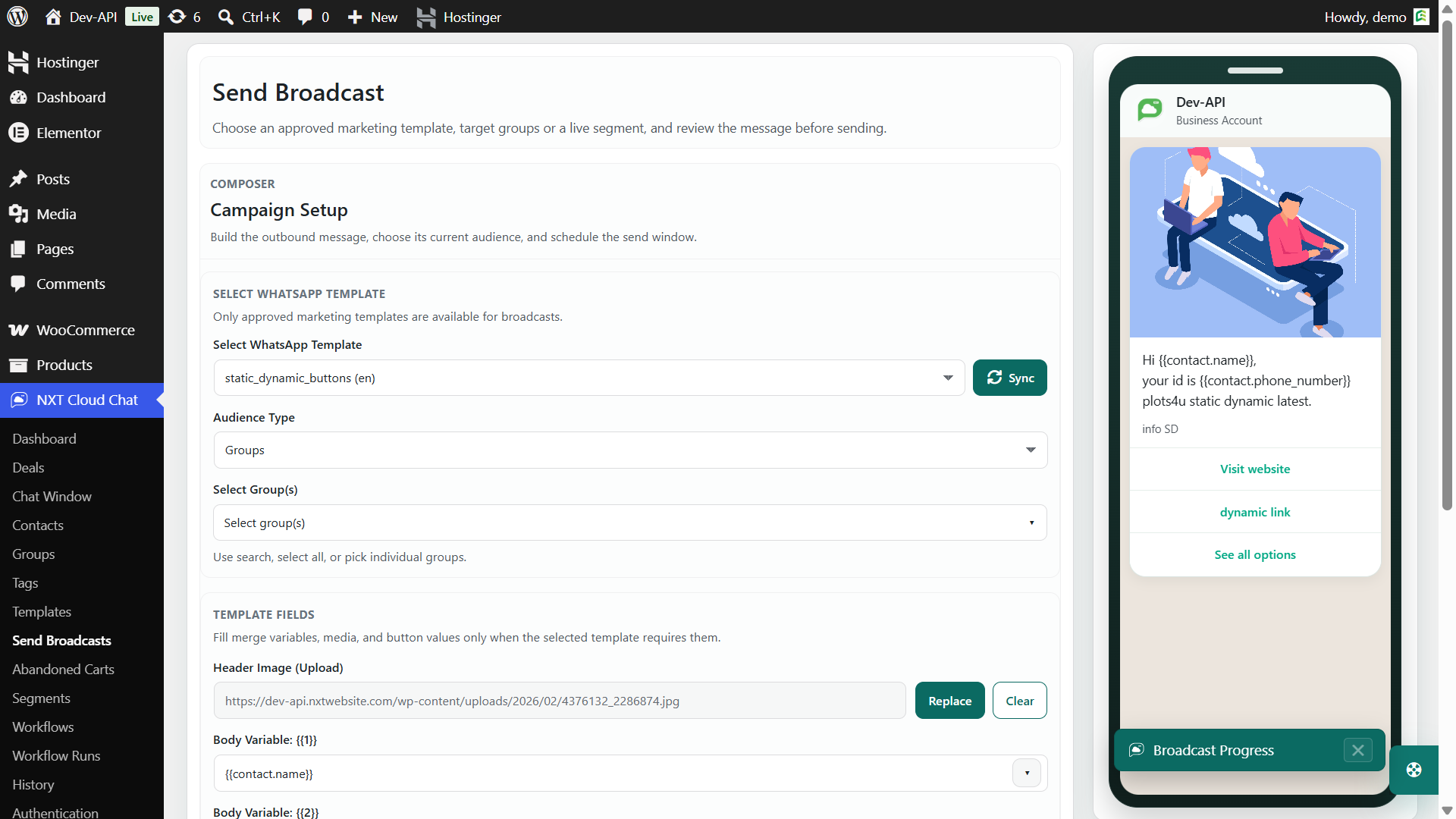 NXT Cloud Chat Pro Send Broadcasts screen using approved WhatsApp templates