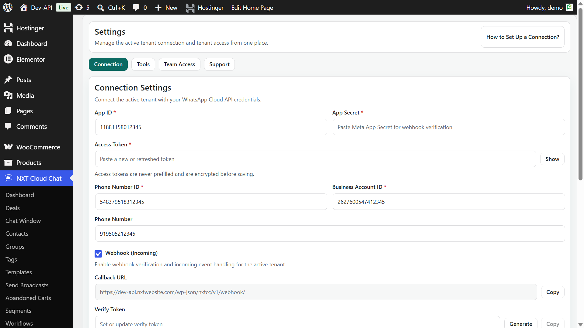 NXT Cloud Chat settings page for WhatsApp Cloud API connection
