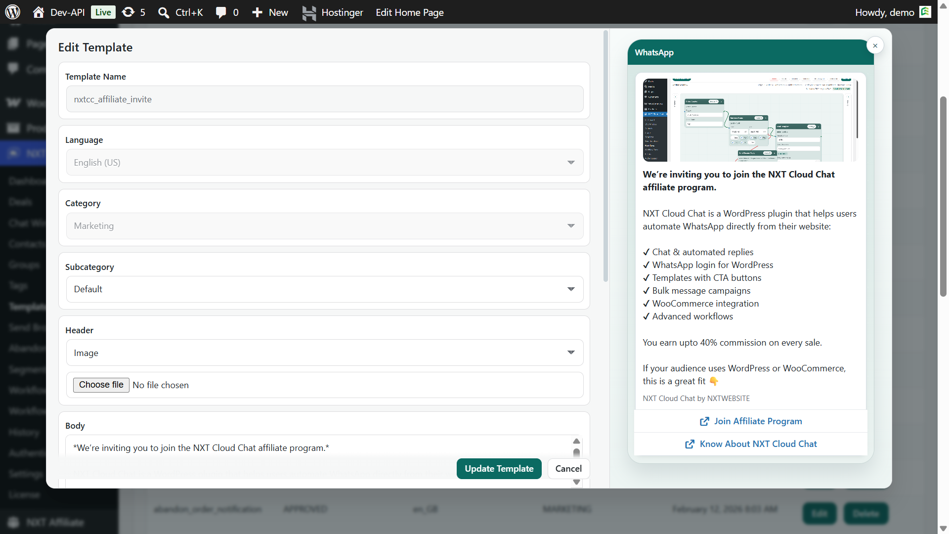 NXT Cloud Chat Pro add and edit WhatsApp authentication template form in WordPress