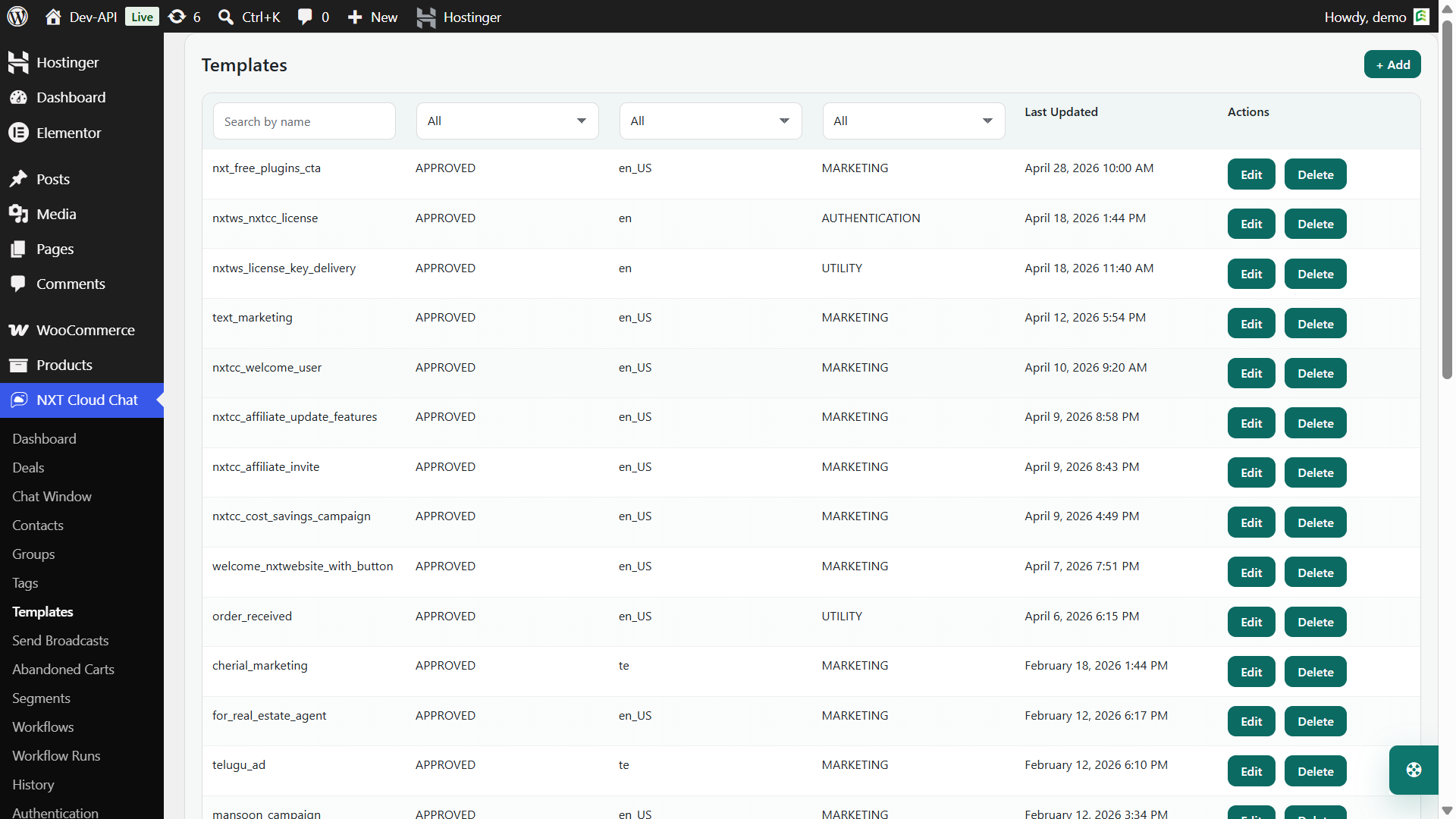 NXT Cloud Chat templates screen after WhatsApp Cloud API setup
