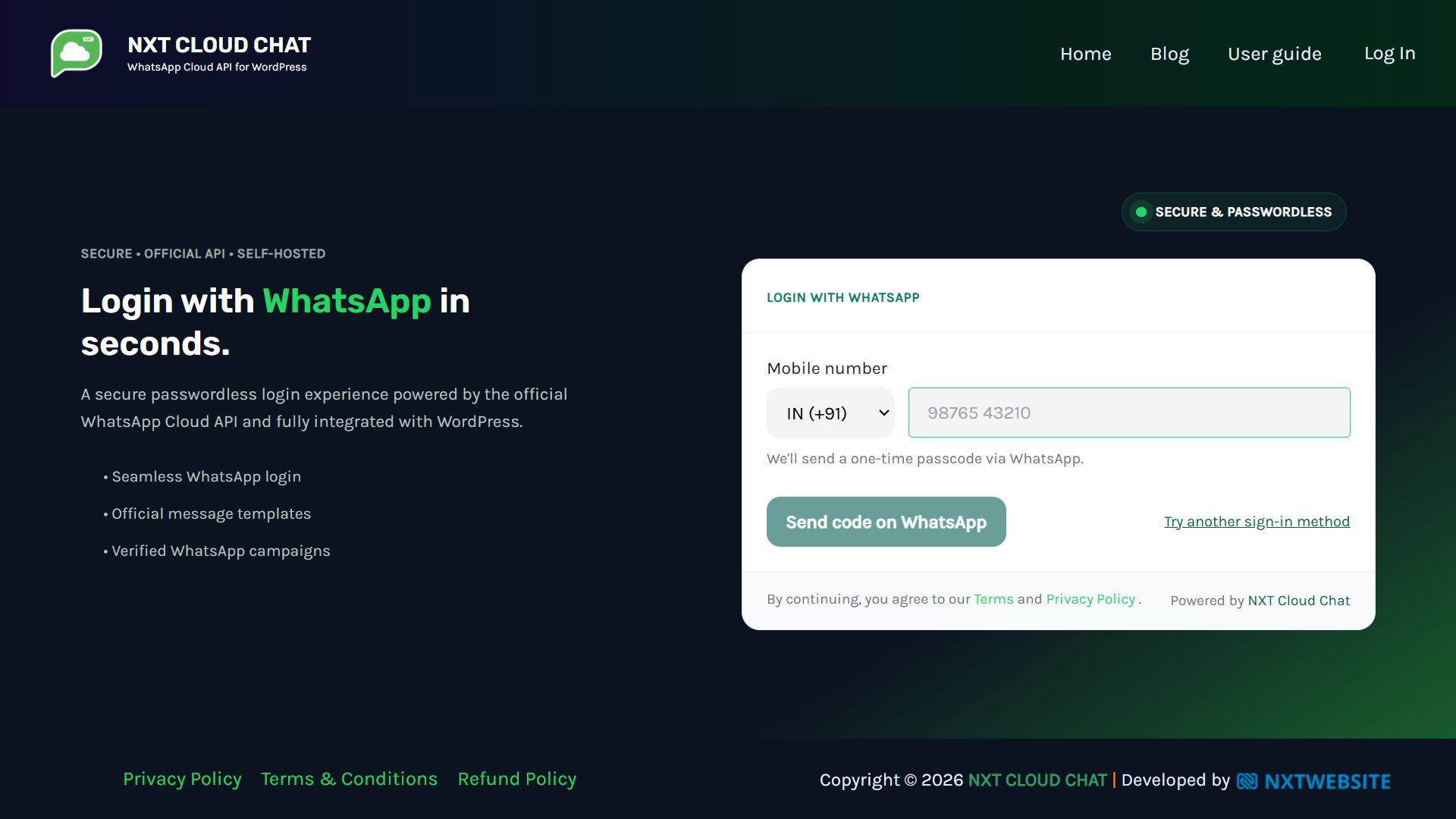 NXT Cloud Chat WhatsApp login widget for WordPress OTP login