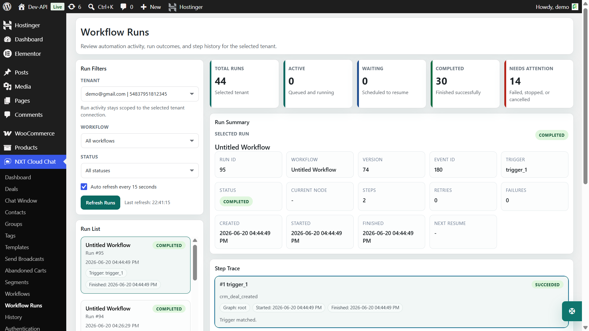 NXT Cloud Chat Pro workflow runs screen for tracking WooCommerce WhatsApp automation